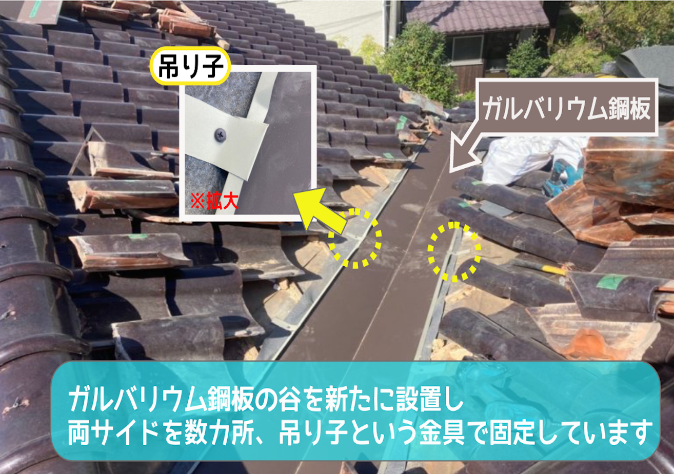 谷板金取り替え工事 ガルバリウム鋼板を吊り子で固定